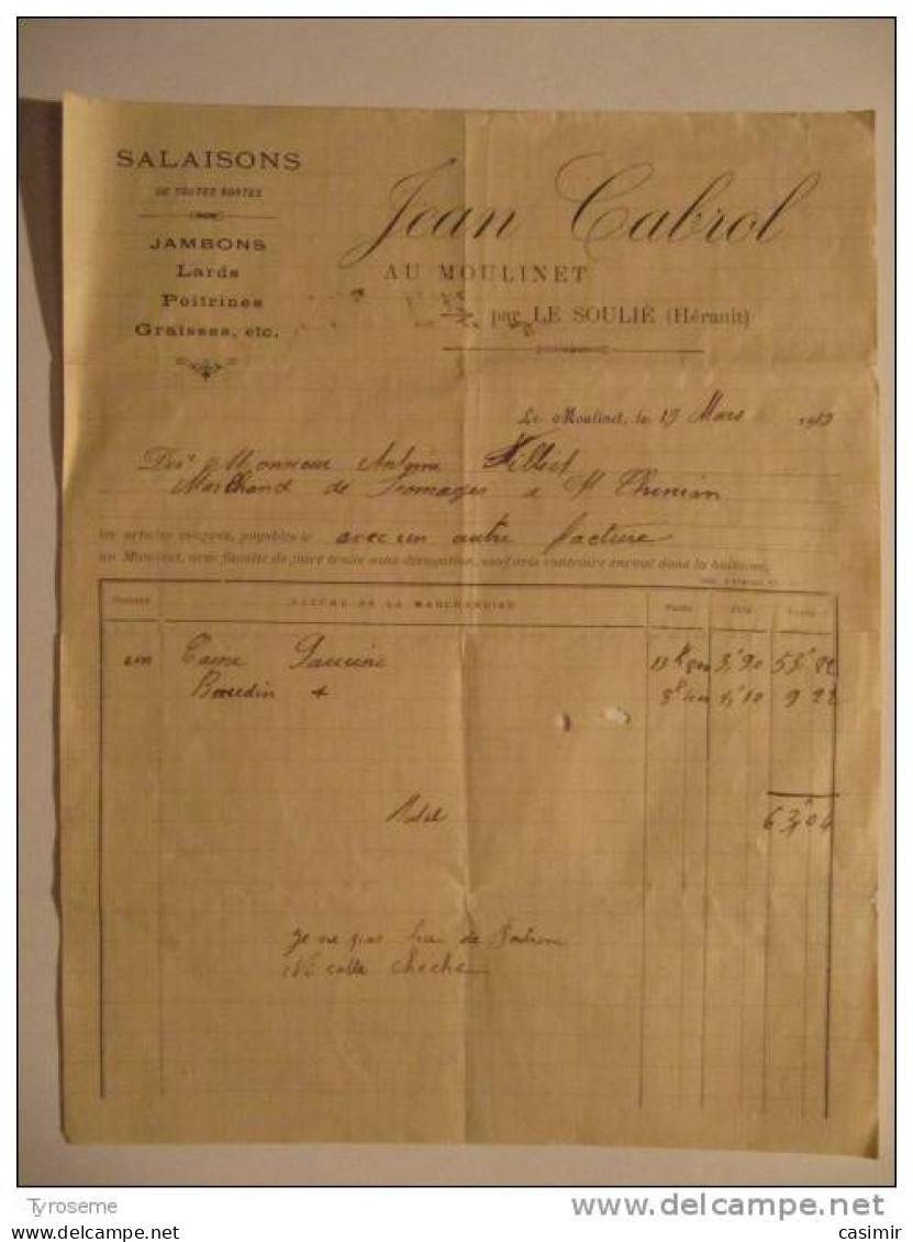 T574 / Facture 1913 Salaisons Jambons - JEAN CABROL AU MOULINET Par LE SOUCIÉ - Hérault - Rechnungen