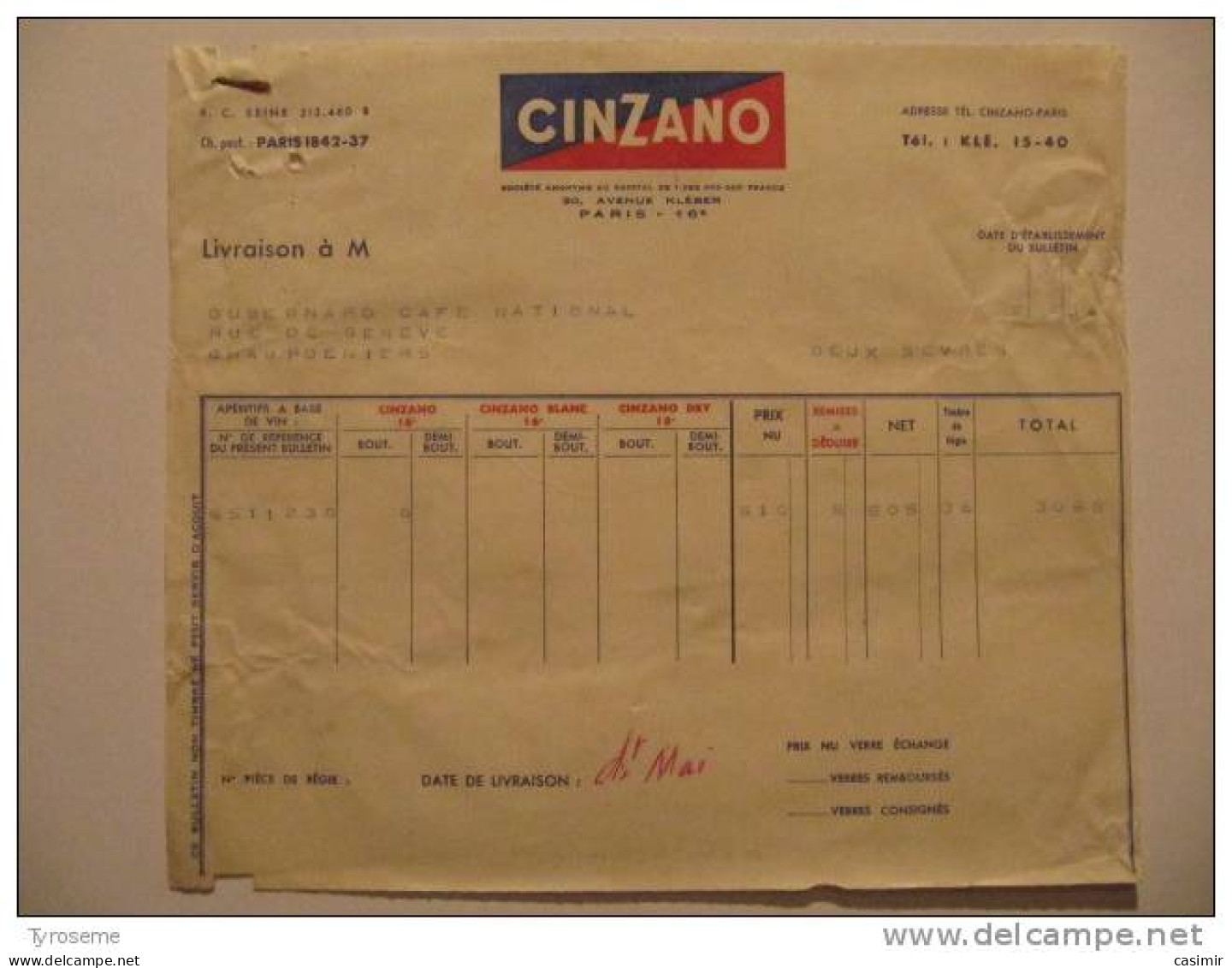 T579 / Facture 1954 CINZANO - Invoices