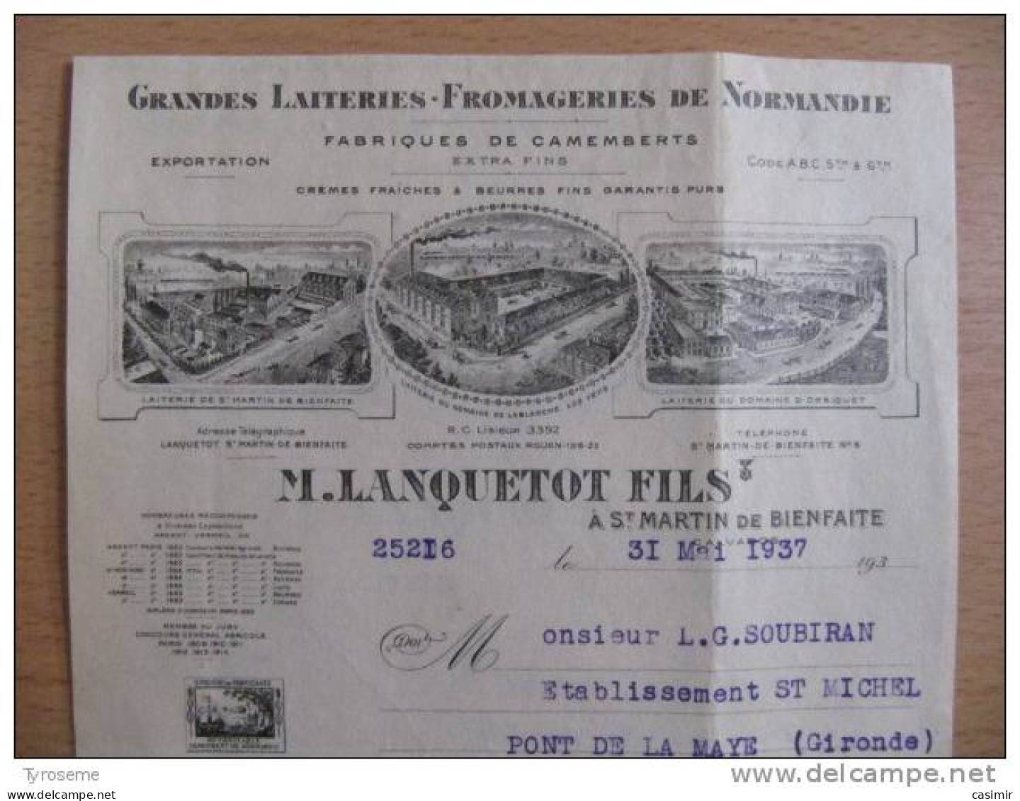 T027 / Facture 1936 Laiterie Fromagerie Lanquetot à St Martin De Bienfaite Calvados 14 - Facturen