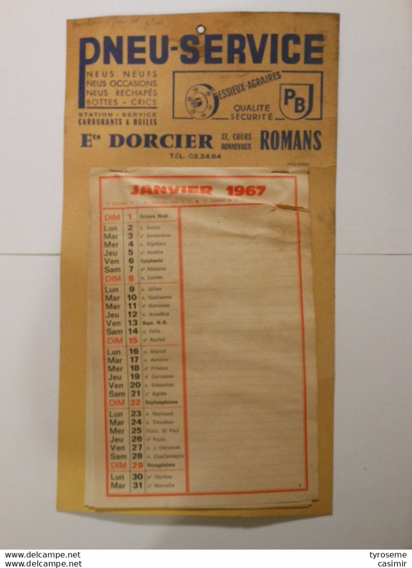 Cal02 - CALENDRIER 1967 PNEUS SERVICE - ETS DORCIER 27 Cours Bonnevaux à ROMANS Drôme - Big : 1961-70