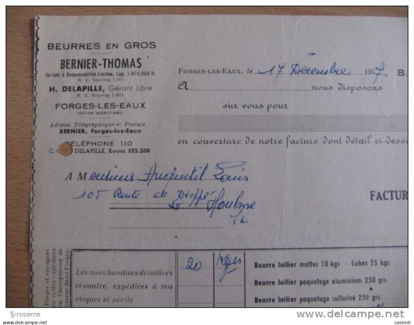 T032 / Facture Bernier-Thomas Beurres En Gros - Forges-les-eaux (Seine-Maritime) - Rechnungen