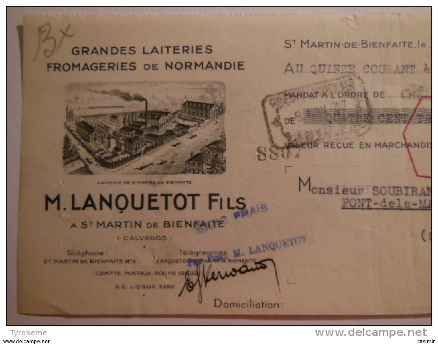 T209 / Facture Fromagerie LANQUETOT Fils à SAINT MARTIN DE BIENFAITE Calvados - Facturen
