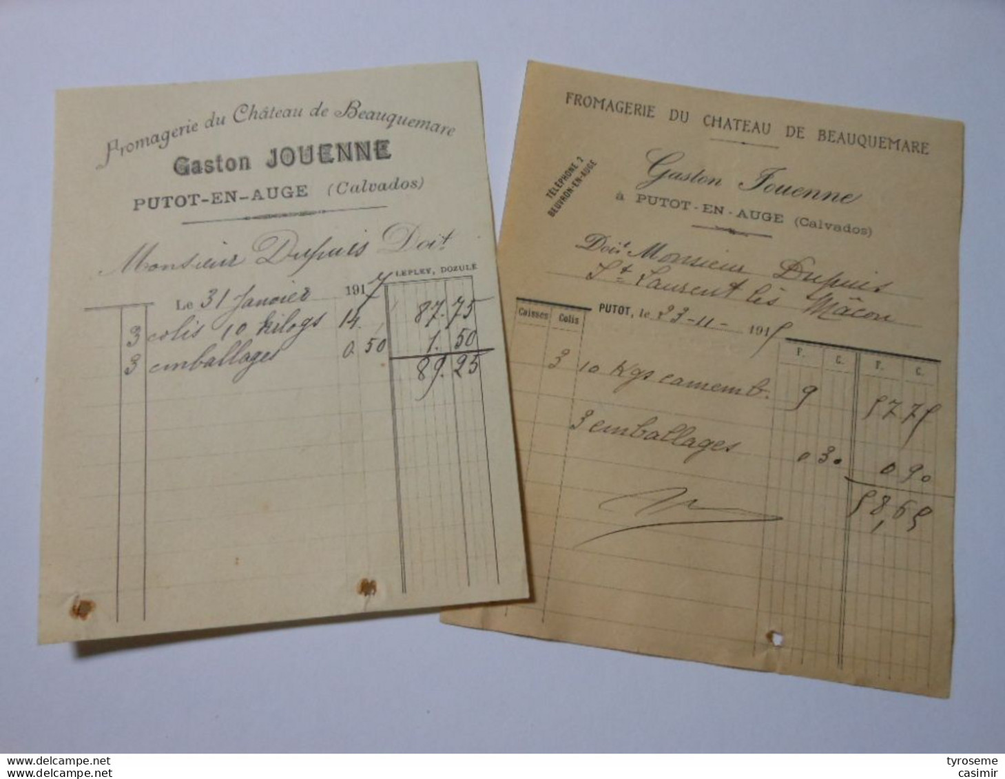 T057 / 2 Factures De La Fromagerie Du Chateau De Beauquemare - Gaston Jouenne à Putot En Auge - Calvados - Invoices