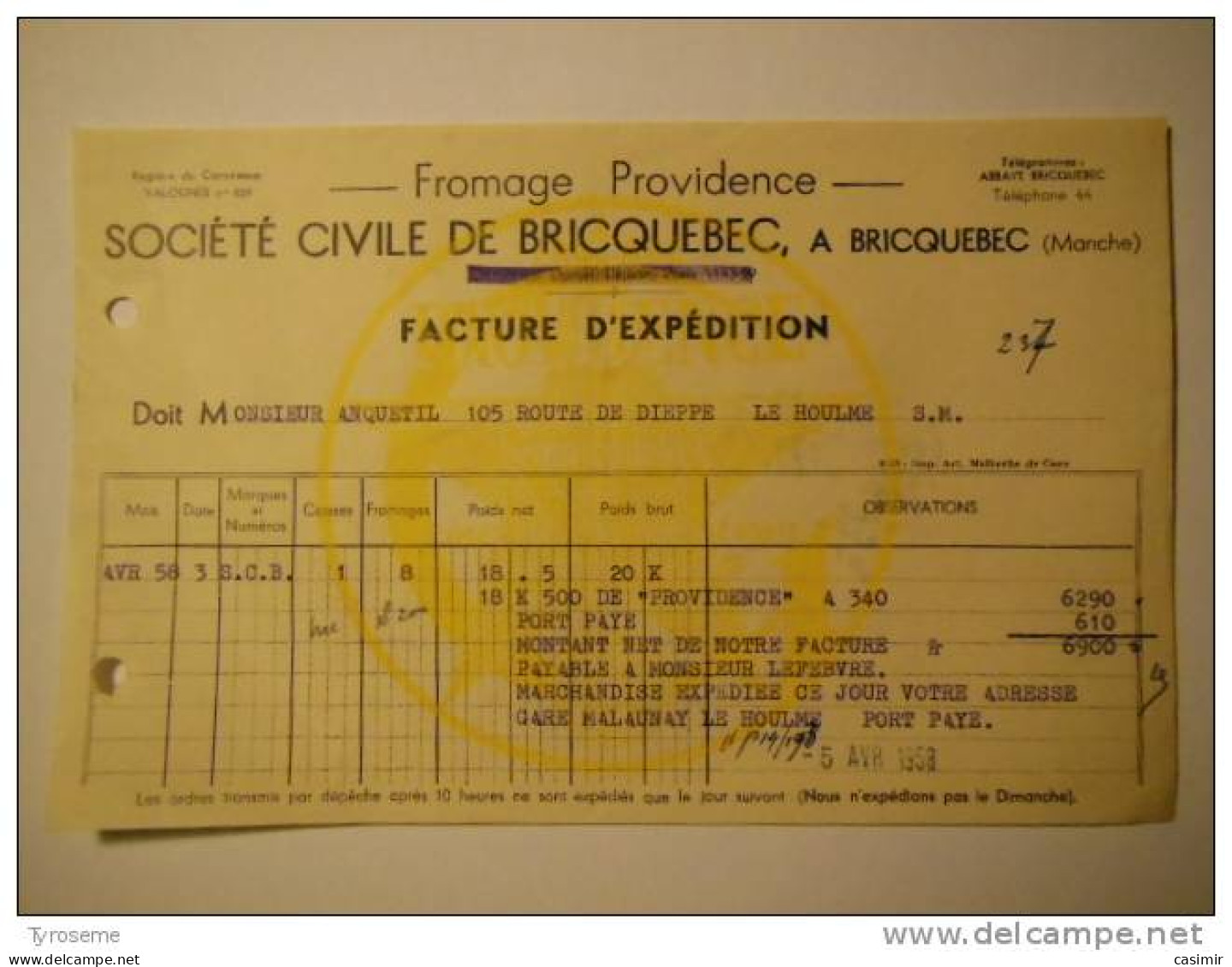 T174 / Facture Fromage Providence Société Civile De Bricquebec - Manche - Invoices