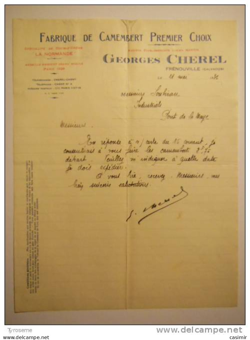 T181 / Facture Fabrique De Camembert GEORGES CHEREL à FRENOUVILLE (Calvados) - Invoices