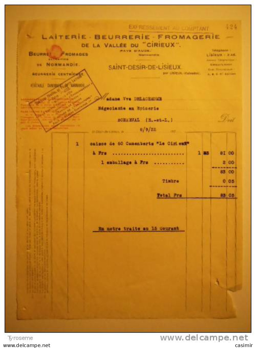 T171 / Facture Laiterie Beurrerie Fromagerie De La Vallée Du Cirieux à Saint Désir De Lisieux Calvados Beurre Camembert - Invoices