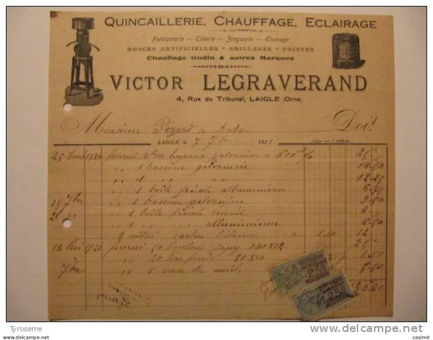 T542 / Facture 1921 Quincaillerie Chauffage Eclairage VICTOR LEGRAVERAND 4 Rue Du Tribunal à LAIGLE - Orne - Facturas