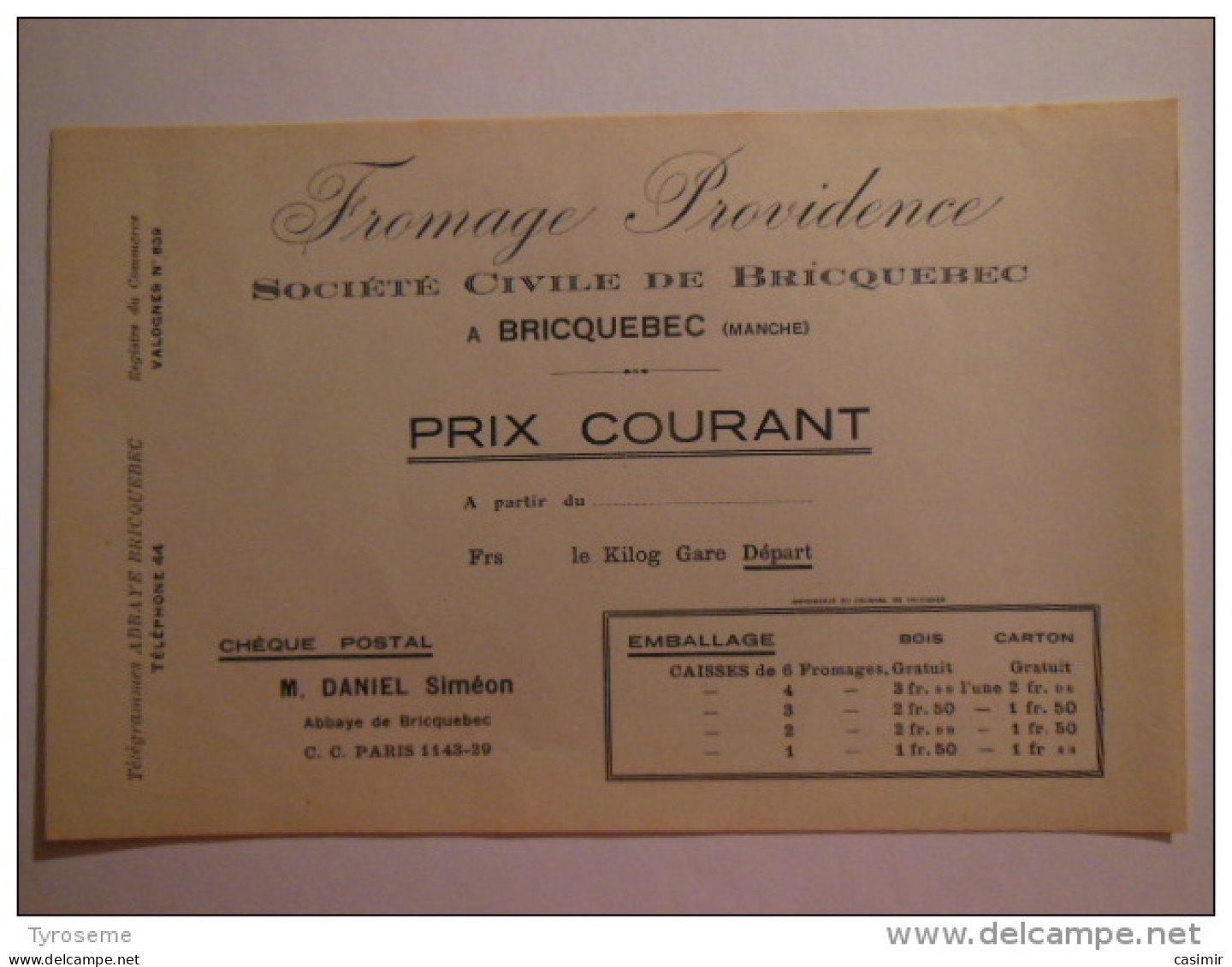 T189 / Facture Fromage Providence Société Civile De Bricquebec - Manche - Fatture