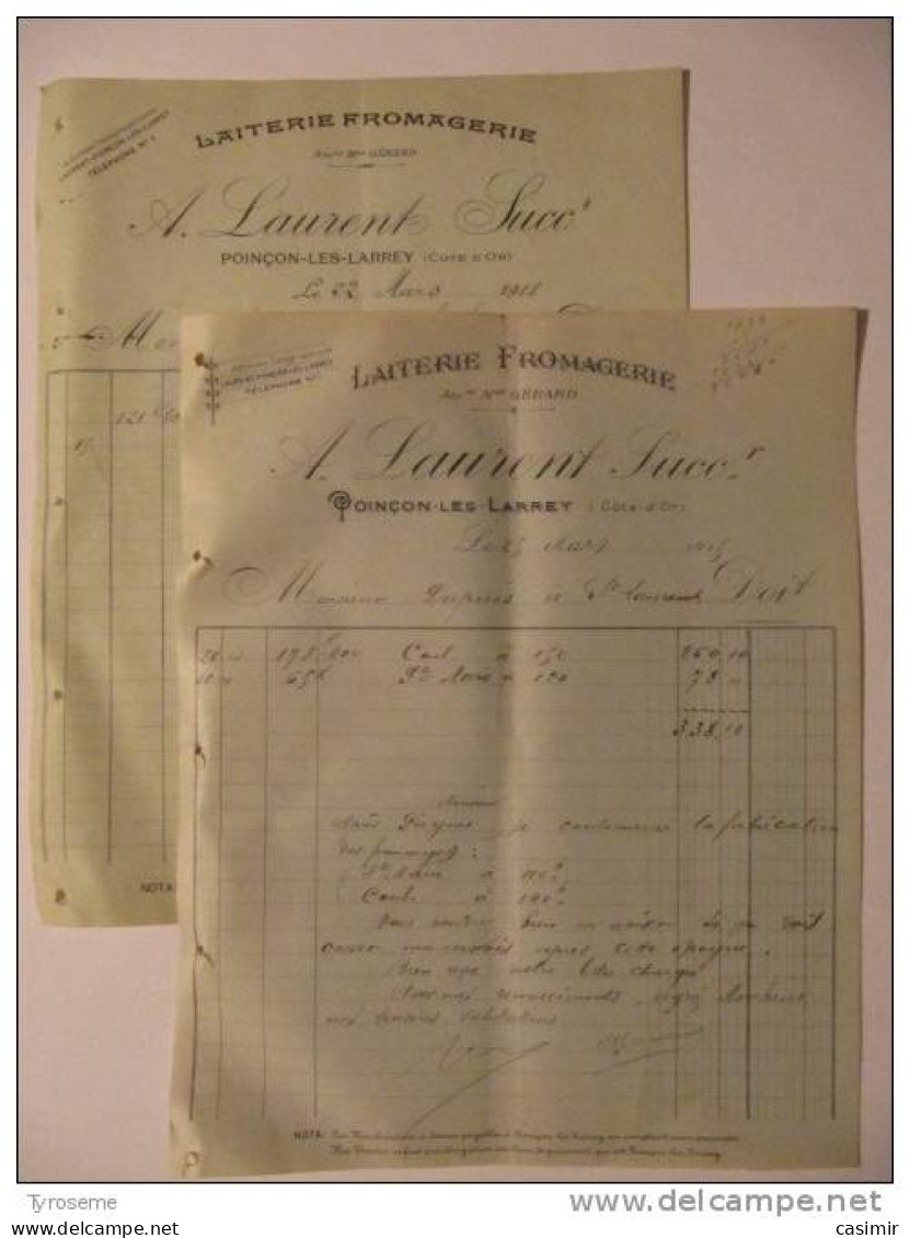 T072 / 2 Factures Laiterie Fromagerie A. LAURENT Successeur à POINCON LES LARREY - Côte D'Or - Invoices