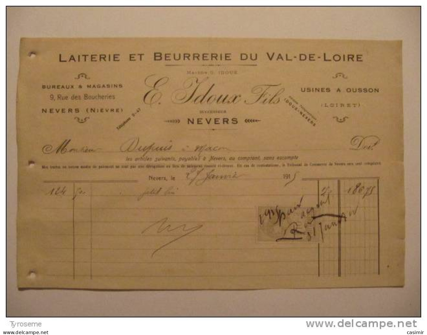 T099 / Facture Fromages Petit Brie - Fromagerie E. IDOUX Fils OUSSON Loiret 45 + Bureaux Et Magasin à NEVERS Nièvre 58 - Facturen