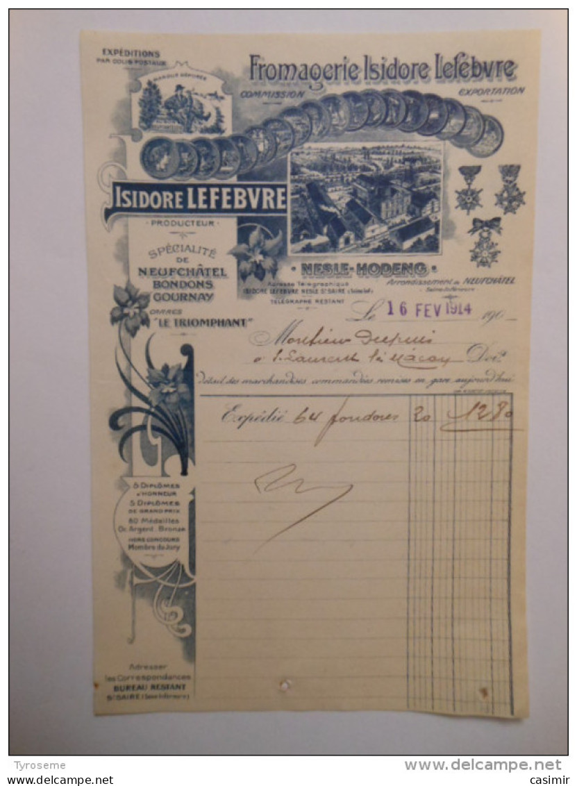 T092 / Facture Fromages Neufchatel Bondon Gournay Fromagerie ISIDORE LEFEBVRE - NESLE-HODENG - Seine-Inférieure 76 - Invoices