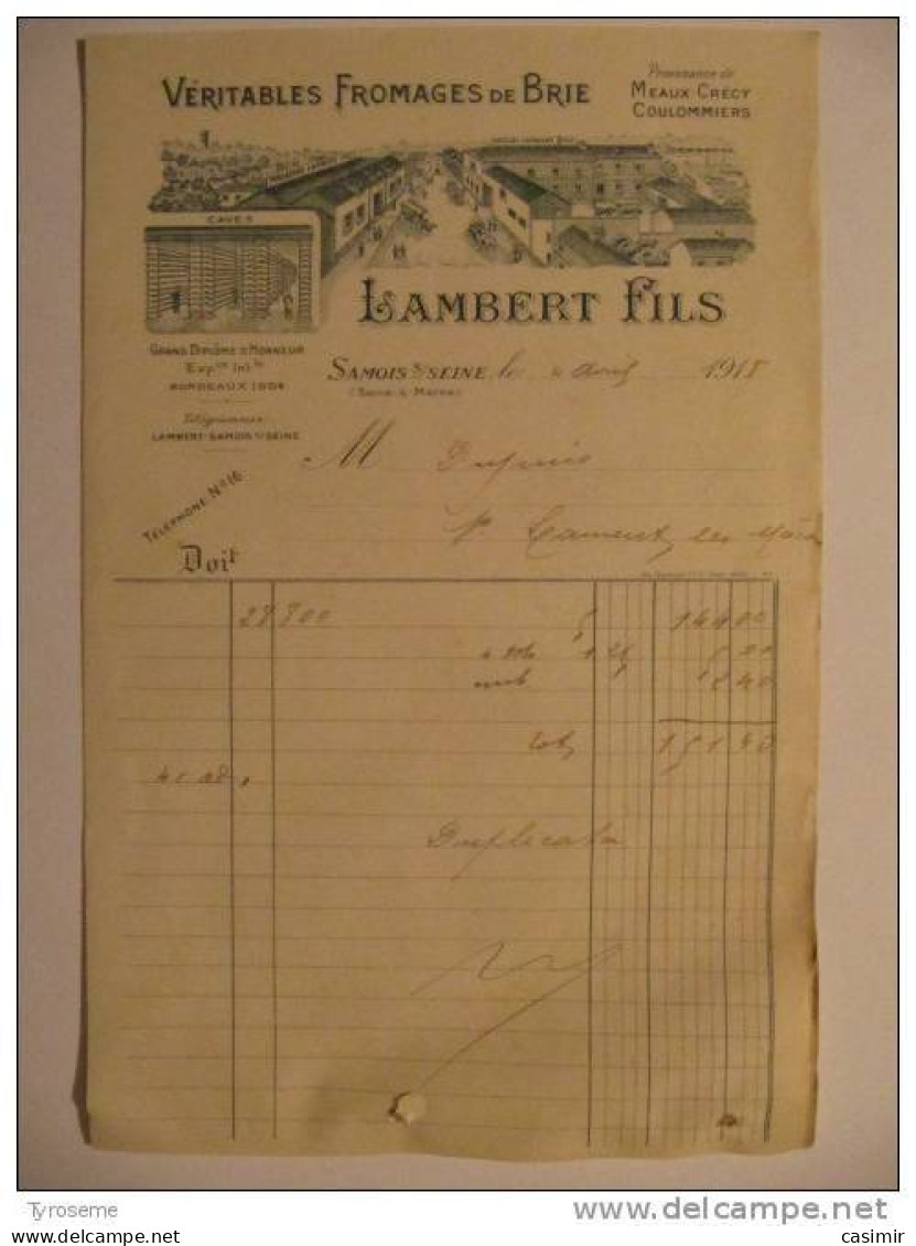 T102 / Facture Fromages De Brie De 1918 LAMBERT Fils à SAMOIS - Seine Et Marne - Provenance MEAUX CRECY COULOMMIERS - Factures