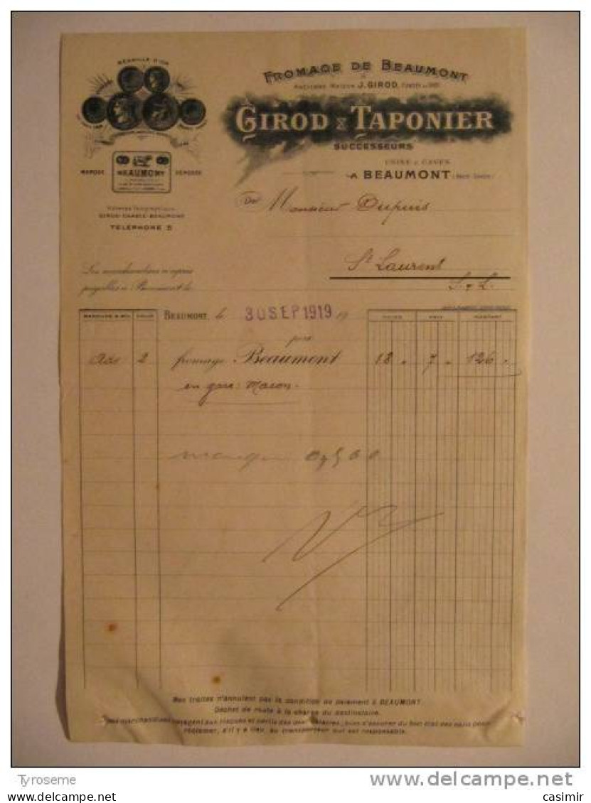 T086 / Facture GIROD & TAPONIER - Fromages De BEAUMONT - Marque Déposée - Haute-Savoie - Rechnungen