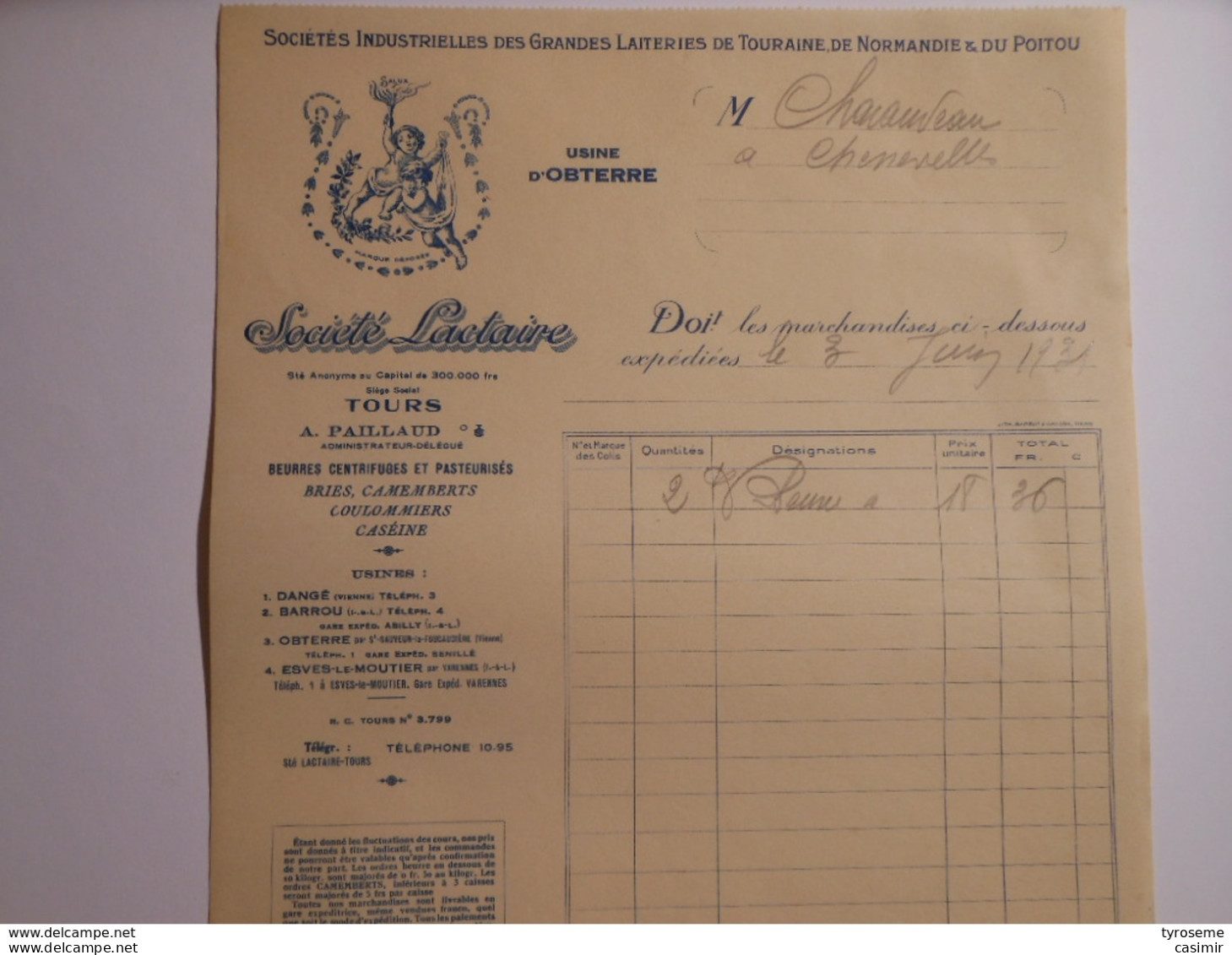 T093 / Facture Fromages SOCIETE LACTAIRE 1931 Paillaud TOURS - Obterre Dangé Barrou Esves-le-Moutier - Facturas