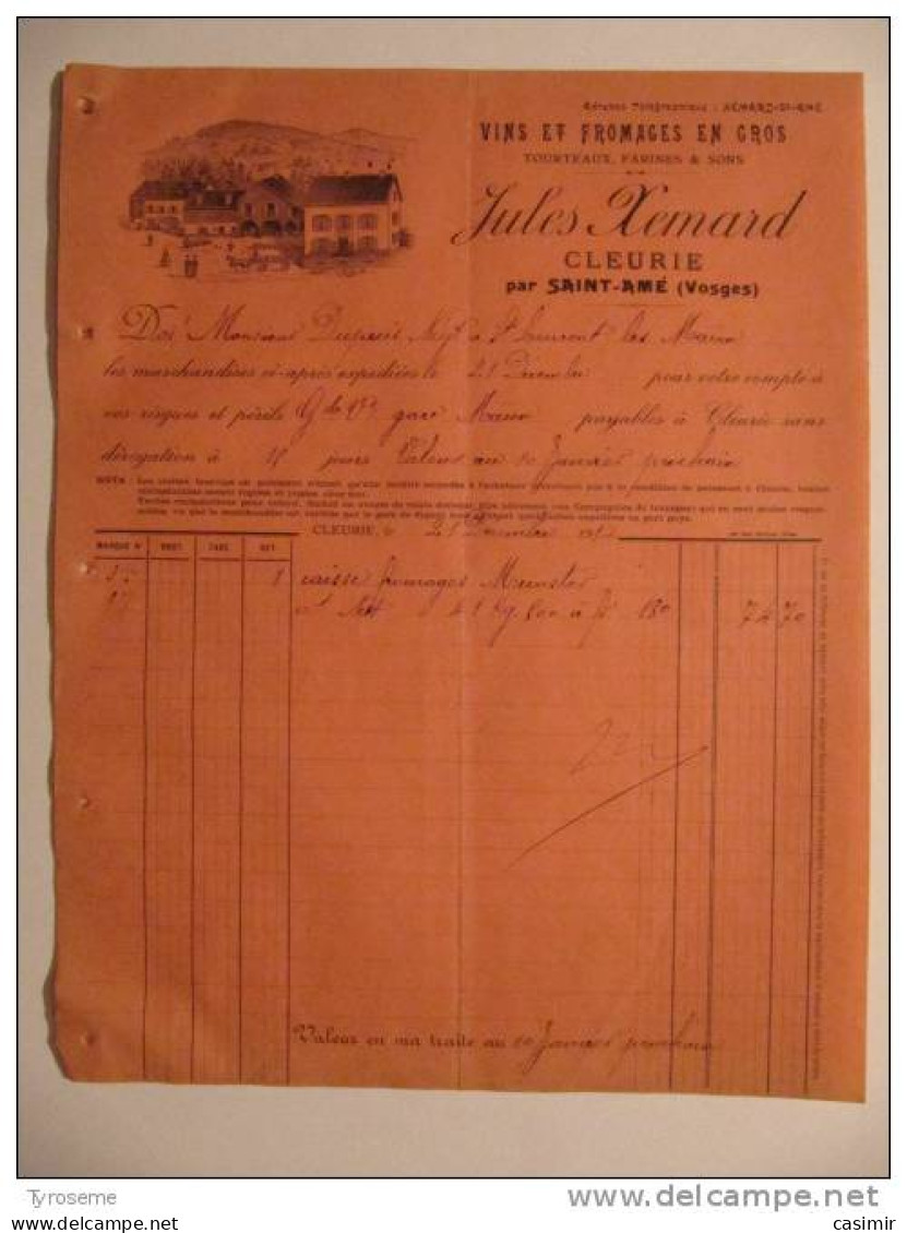 T103 / Facture Vins Fromages En Gros De Munsters - JULES XEMARD - CLEURIE Par SAINT-AMÉ - Vosges 88 - Invoices