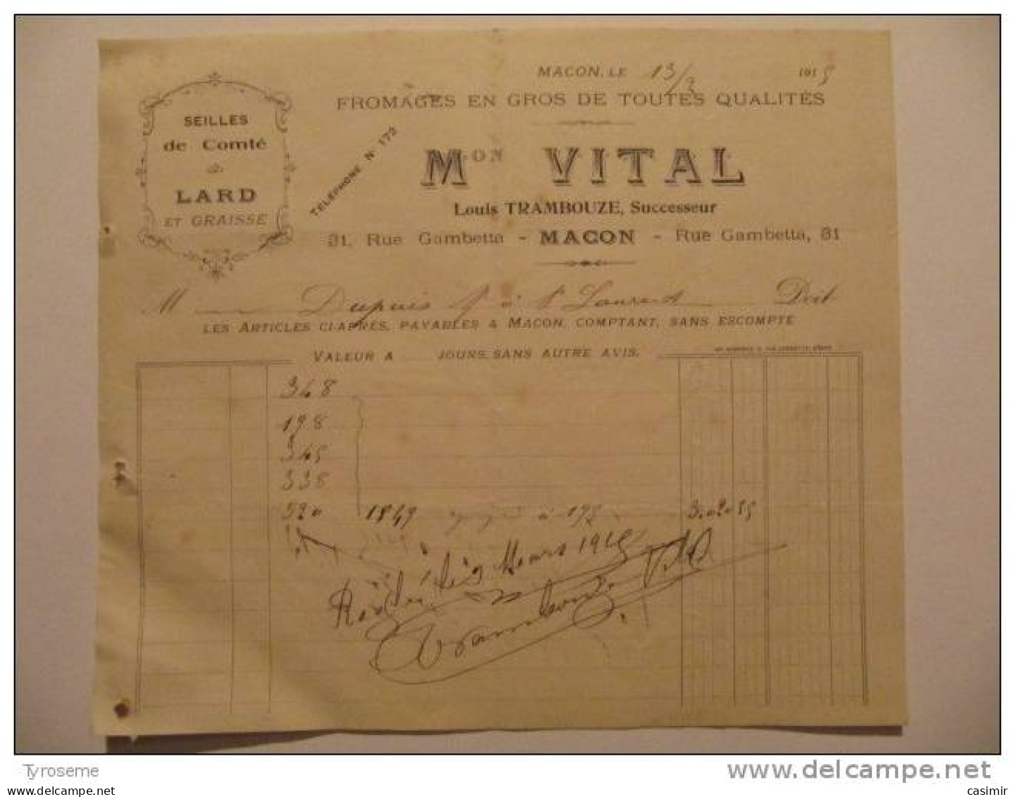 T094 / Facture Fromages En Gros De Comté - MAISON VITAL - 31 Rue Gambetta à MACON - Cote D'Or 21 - Invoices