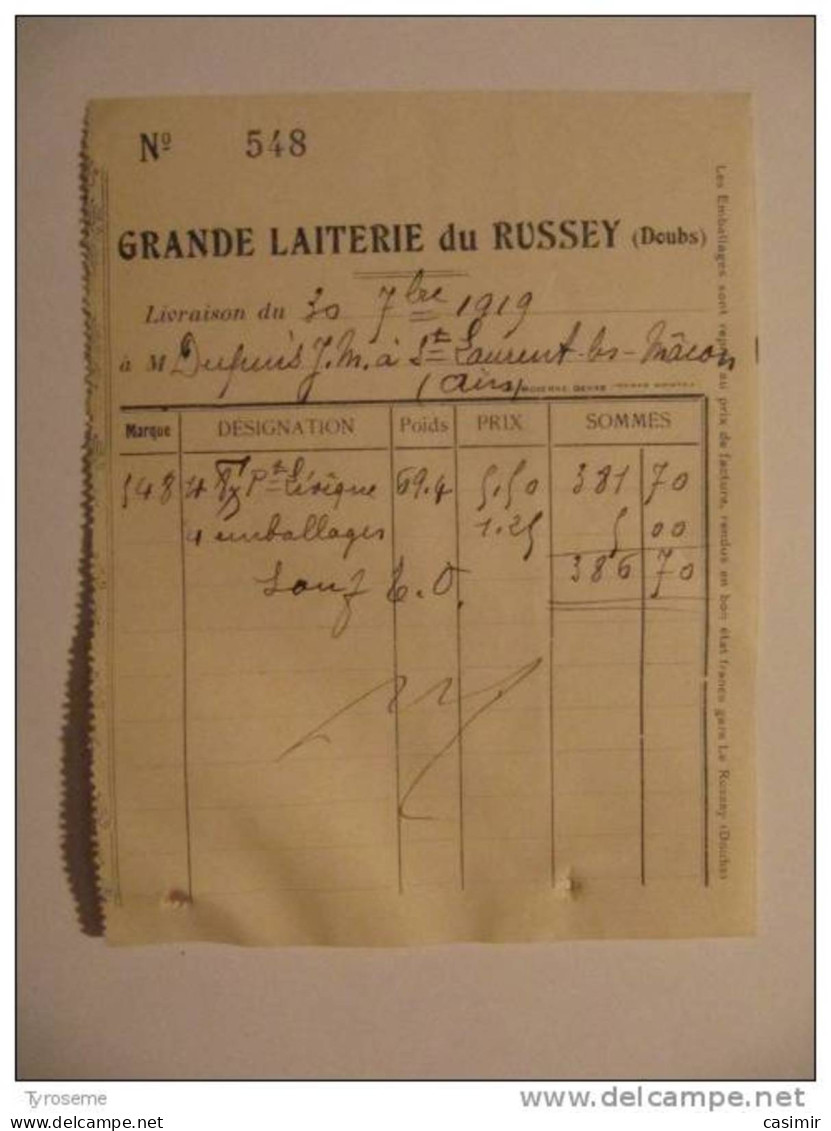 T095 / Facture Fromages De Pont L'Évêque De La GRANDE LAITERIE DU RUSSEY - Doubs - Invoices