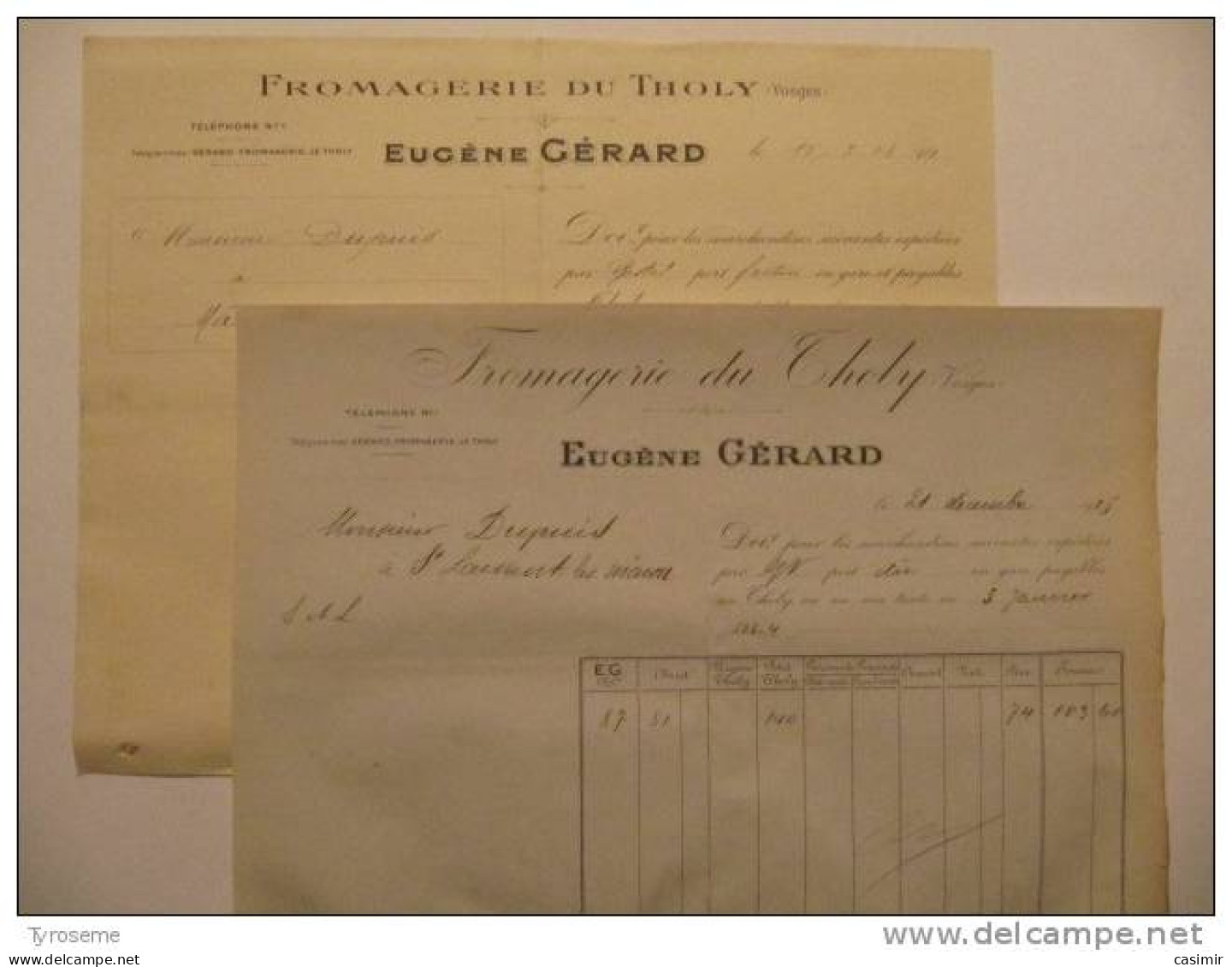 T076 / 2 Factures Eugène GERARD - Fromagerie Du Tholy - LE THOLY - Vosges - Invoices