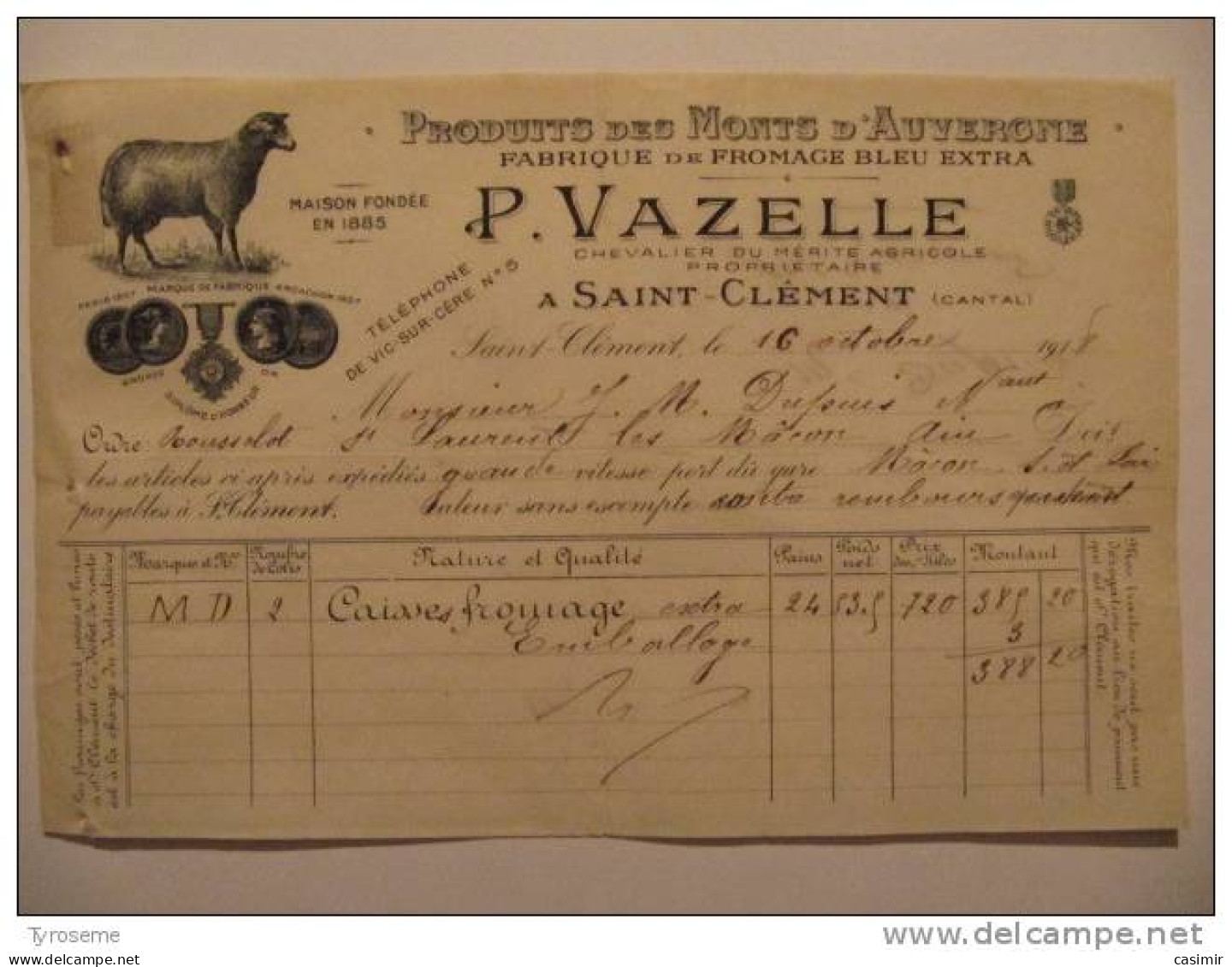 T117 / Facture - Fromagerie De  Bleu Extra - P. VAZELLE à SAINT-CLEMENT - Cantal 15 - Invoices