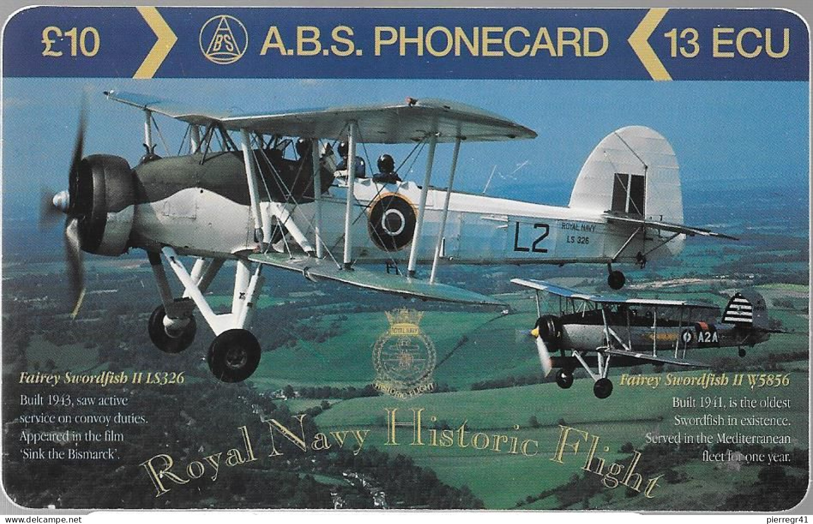 CARTE-PREPAYEE-GB-10£-MUSEE-AVIONS De GUERRE1940-FAIREY SWORDFISH IILS326-Plastic Epais Glacé-Neuve-Ft12x7,5Cm-TBE - Avions