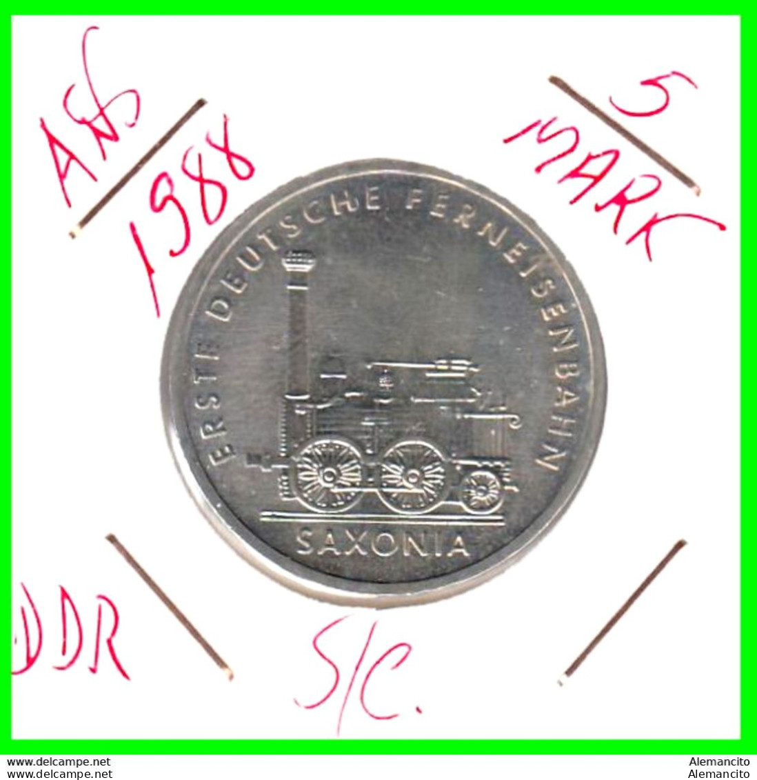 (GERMANY DDR) REPUBLICA DEMOCRATICA DE ALEMANIA ( RDA ) MONEDA DE 5-DM AÑO 1988 -- 5 DM ( SAXONIA TRAIN ENGINE TOWER ) - 5 Mark