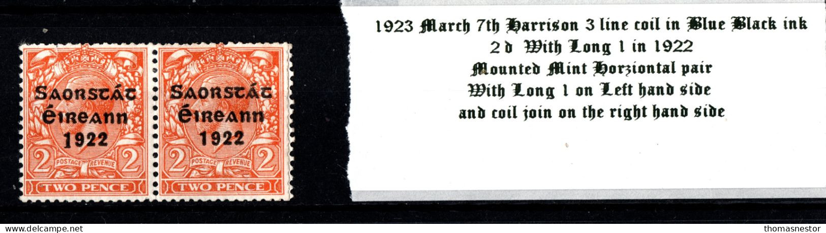 1923 March 7th Harrison 3 Line Coil In Blue Black Ink, 2d Die II Orange Horziontal Pair With Coil Join Mounted Mint (MM) - Unused Stamps