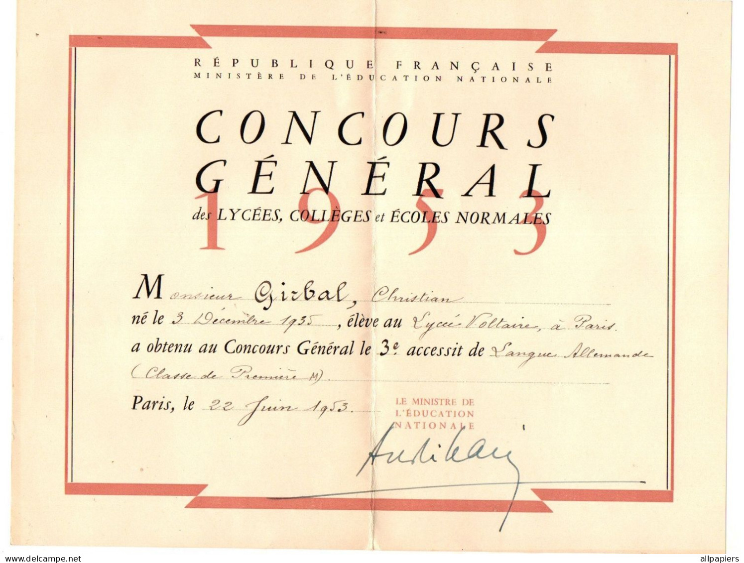 Concours Général Des Lycées, Collèges Et écoles Normales à Paris En 1953 - Format : 27x21 Cm - Diplômes & Bulletins Scolaires