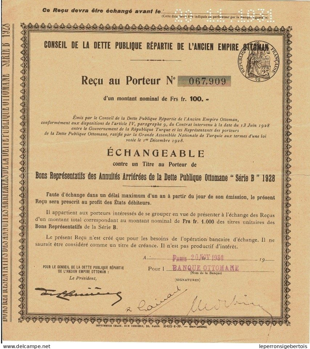 Titre De 1930 - Conseil De La Dette Publique Répartie De L'Ancien Empire Ottoman - - M - O