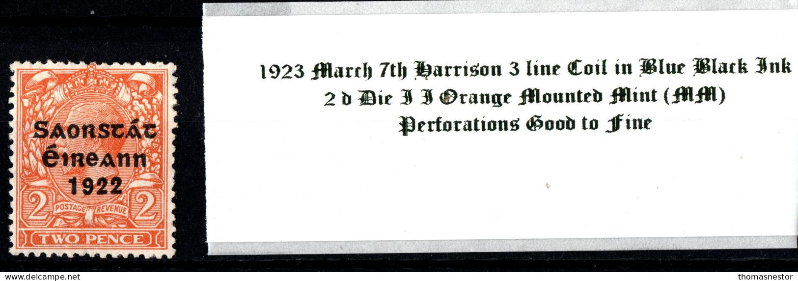 1923 March 7th Harrison 3 Line Coil In Blue Black Ink, 2d Die II Orange  Mounted Mint (MM) - Nuovi