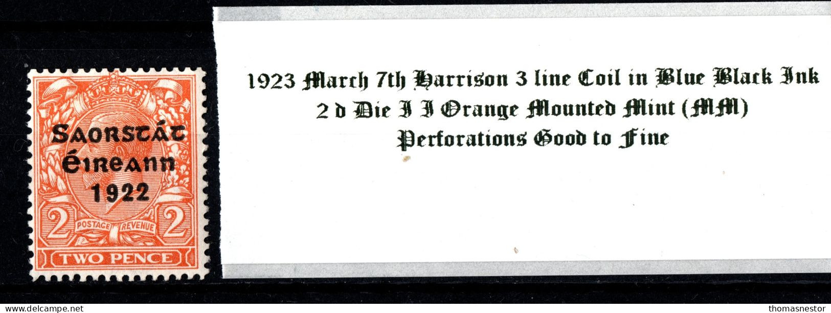 1923 March 7th Harrison 3 Line Coil In Blue Black Ink, 2d Die II Orange  Mounted Mint (MM) - Unused Stamps