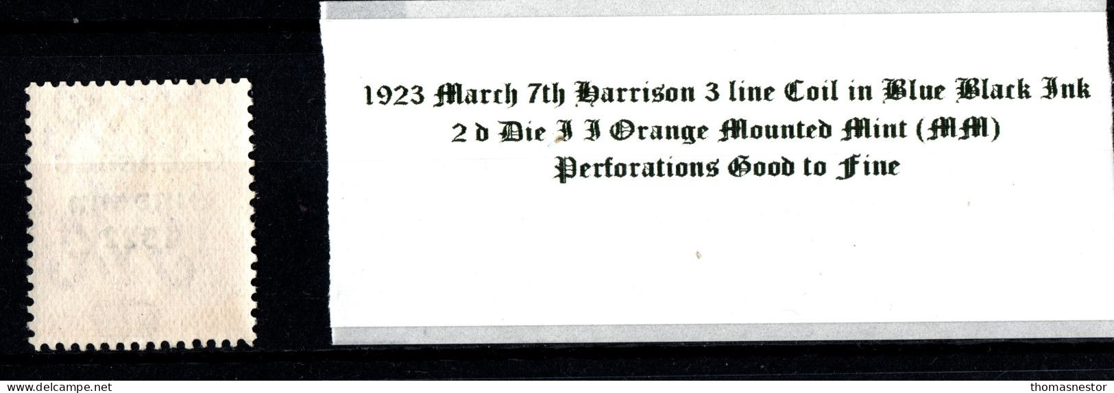 1923 March 7th Harrison 3 Line Coil In Blue Black Ink, 2d Die II Orange  Mounted Mint (MM) - Ungebraucht