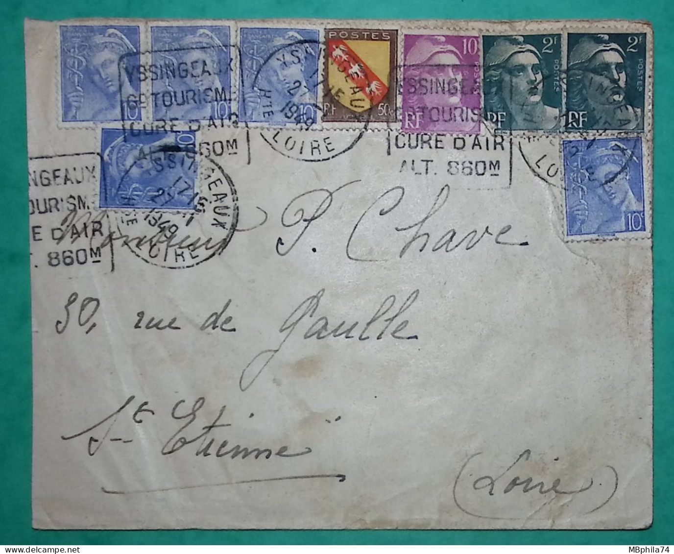 N°546 X5 +713 + 757 + 811 BEL AFFRANCHISSEMENT MIXTE MERCURE GANDON ARMOIRIES YSSINGEAUX HAUTE LOIRE 1949 COVER FRANCE - 1938-42 Mercure