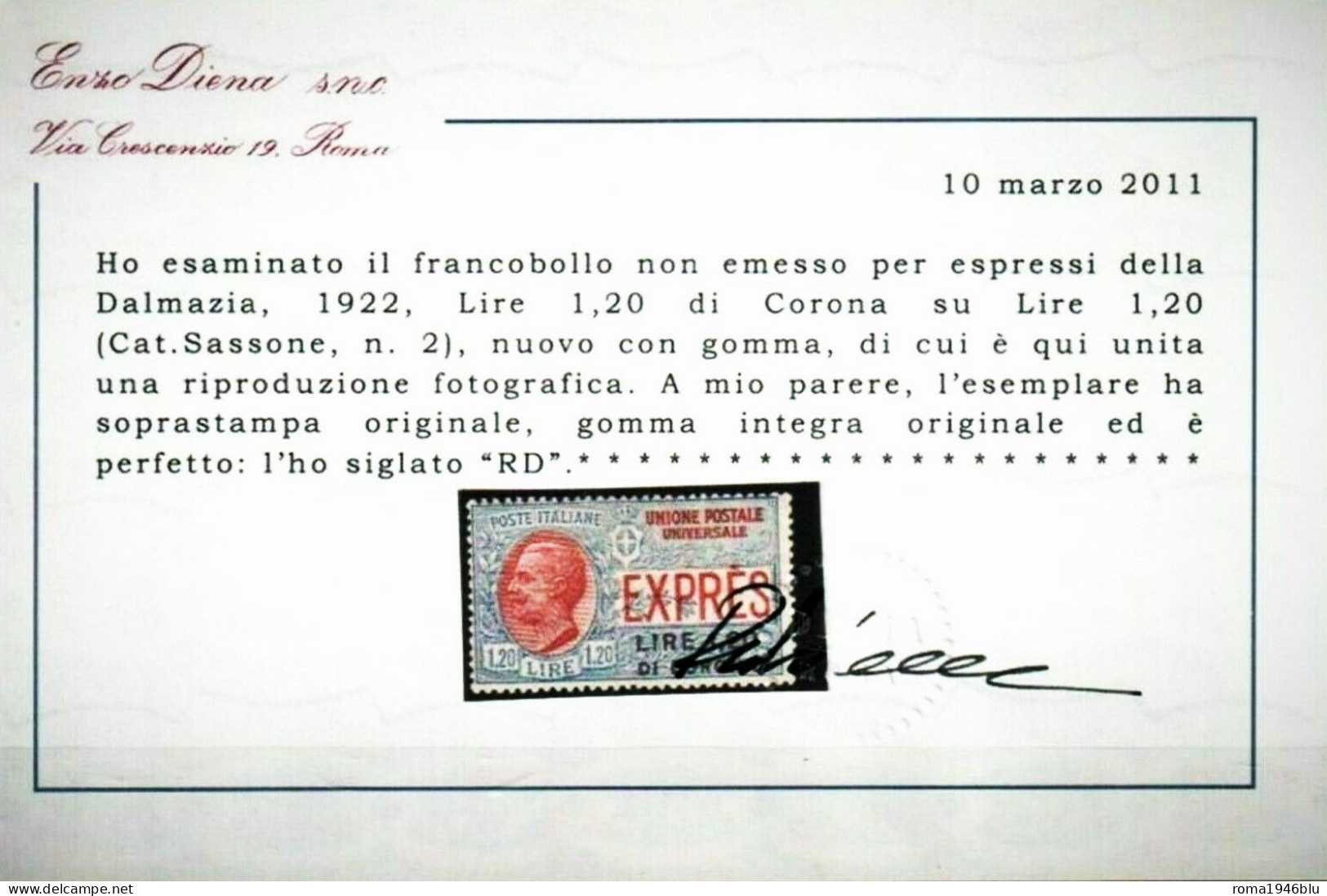 DALMAZIA 1922 ESPRESSO NON EMESSO RARO ** MNH CERT. DIENA - Dalmatien