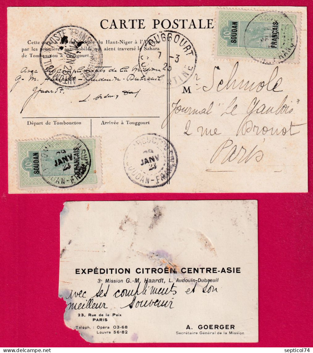 RAID CITROEN CAD POSTE TRANSSAHARIENNE AUTOMOBILE 1925 + CARTE DE VISITE  CAD TOMBOUCTOU SOUDAN FRANCAIS MALI - Covers & Documents