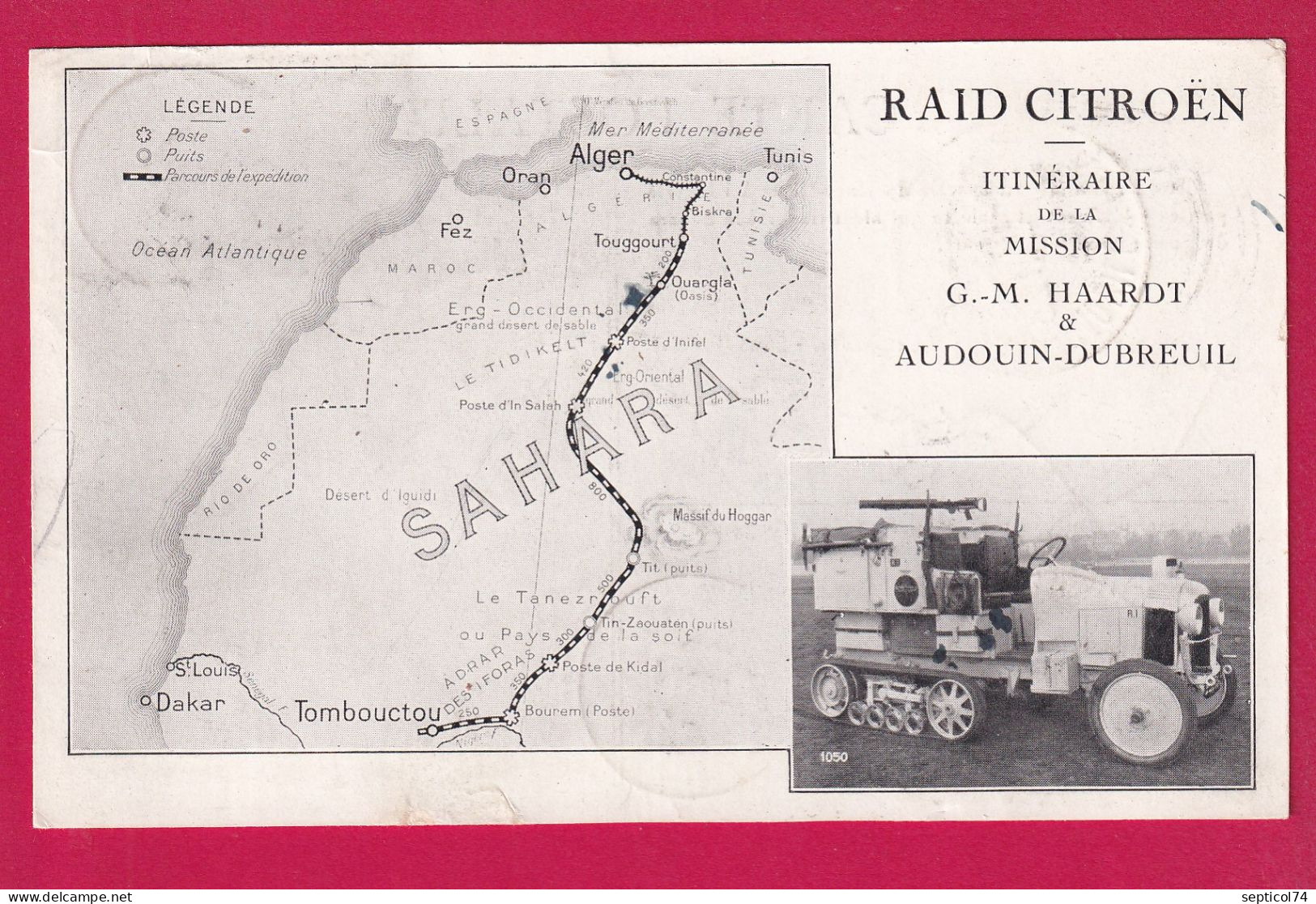 RAID CITROEN CAD POSTE TRANSSAHARIENNE AUTOMOBILE 1925 + CARTE DE VISITE  CAD TOMBOUCTOU SOUDAN FRANCAIS MALI - Covers & Documents