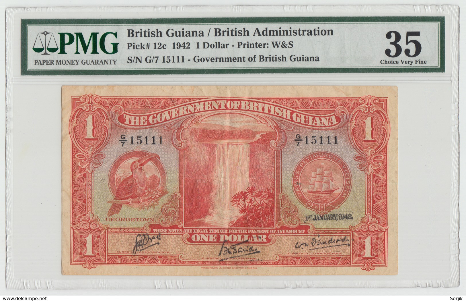 British Guiana 1 Dollar 1942 VF+ PMG 35 Pick 12c - Guyana