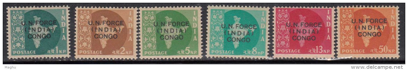 India MNH 1963, Complete Set Of 6, Overprint U.N. Forces Congo, On Map Series, United Nations Peace Force, Defence - Militaire Vrijstelling Van Portkosten