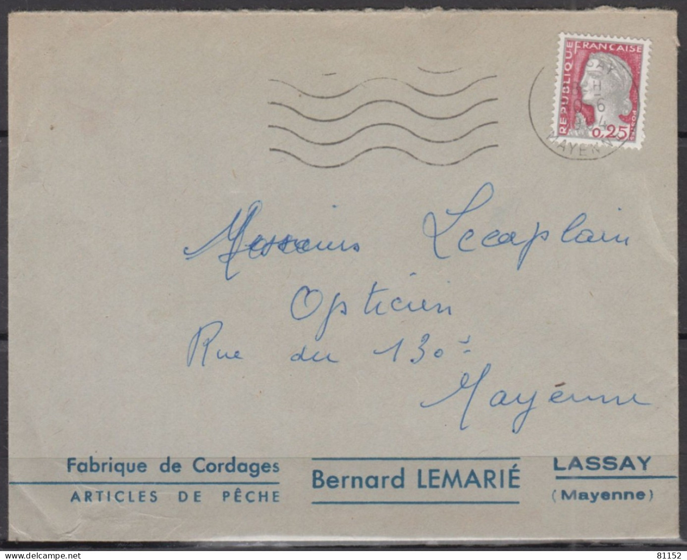 Mne De DECARIS 25c  Sur Lettre Pub " Fabrique De CORDAGES "   De  53 LASSAY   Le 30 6 1964  Pour 53 MAYENNE - 1960 Marianne (Decaris)