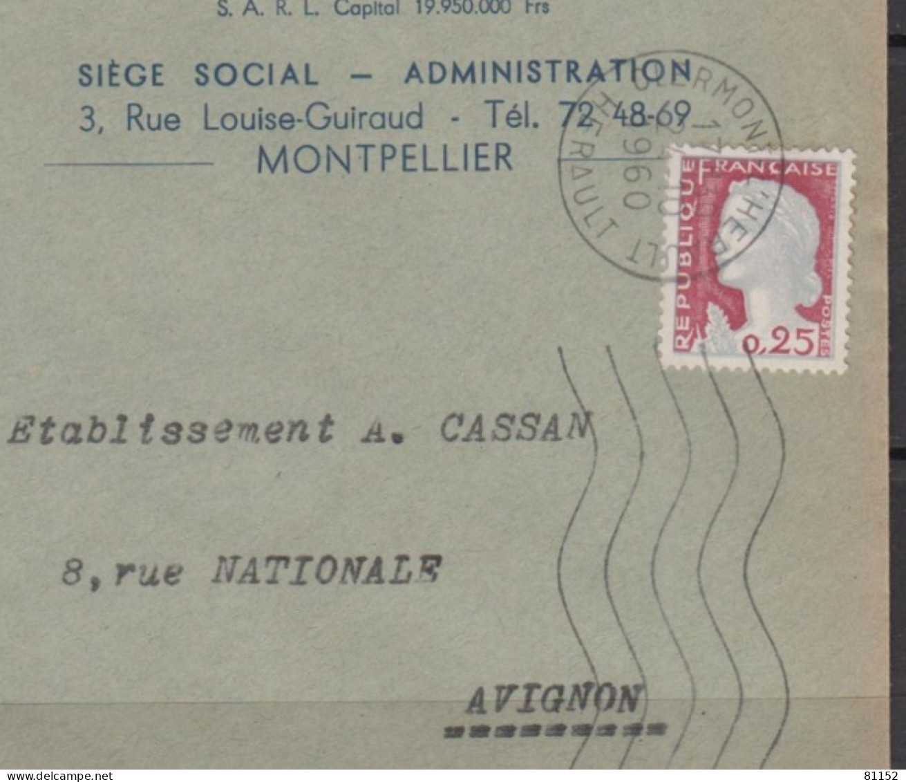 Mne De DECARIS 25c  Sur Lettre Pub " AUTOMOBILE "  Postée à  CLERMONT L'HERAULT   Le 24 10 1960  Pour AVIGNON - 1960 Marianne Of Decaris