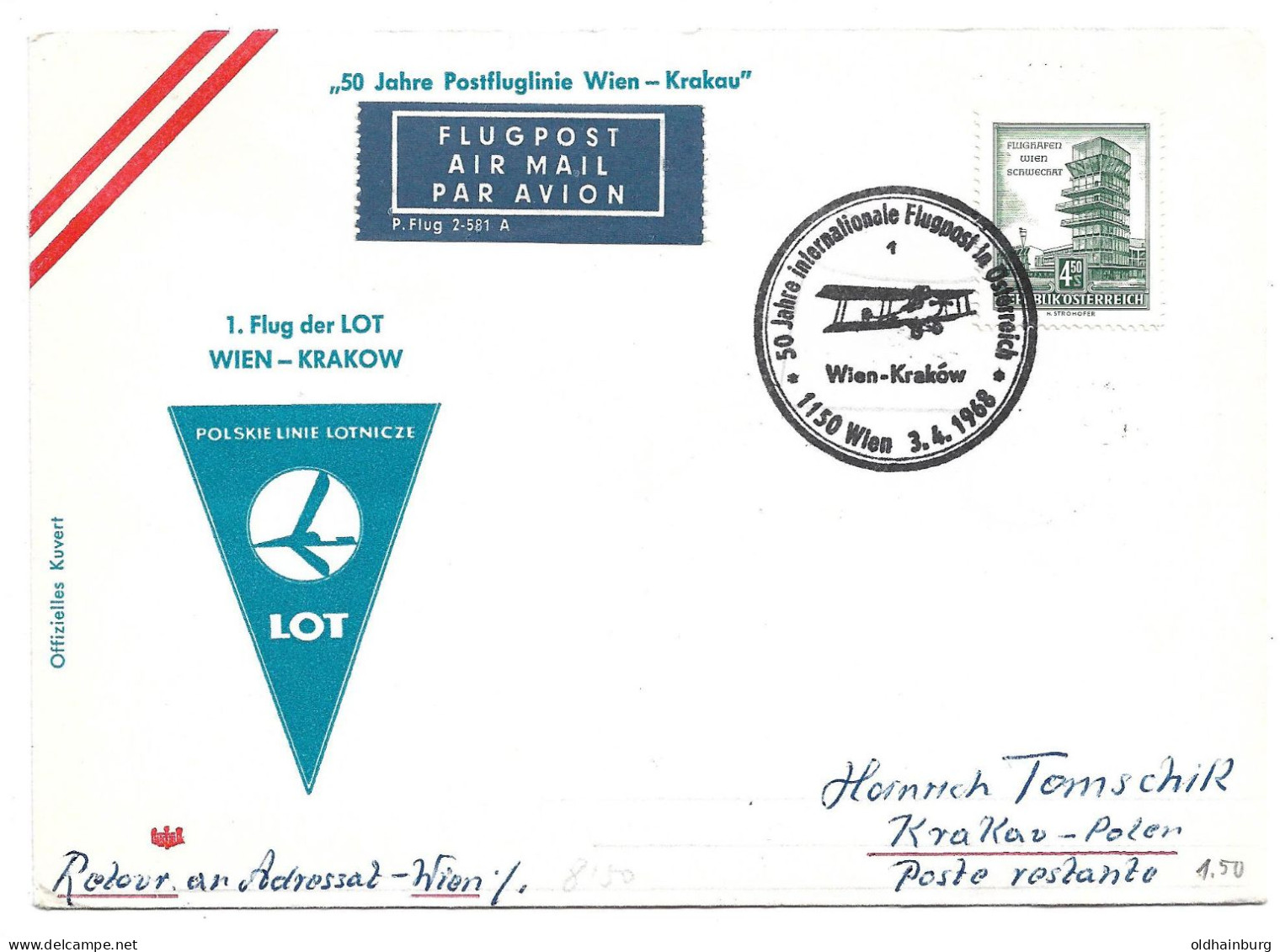 2364c: 50 Jahre Postfluglinie Wien- Krakau Mit Der LOT, 1968 - Aviones