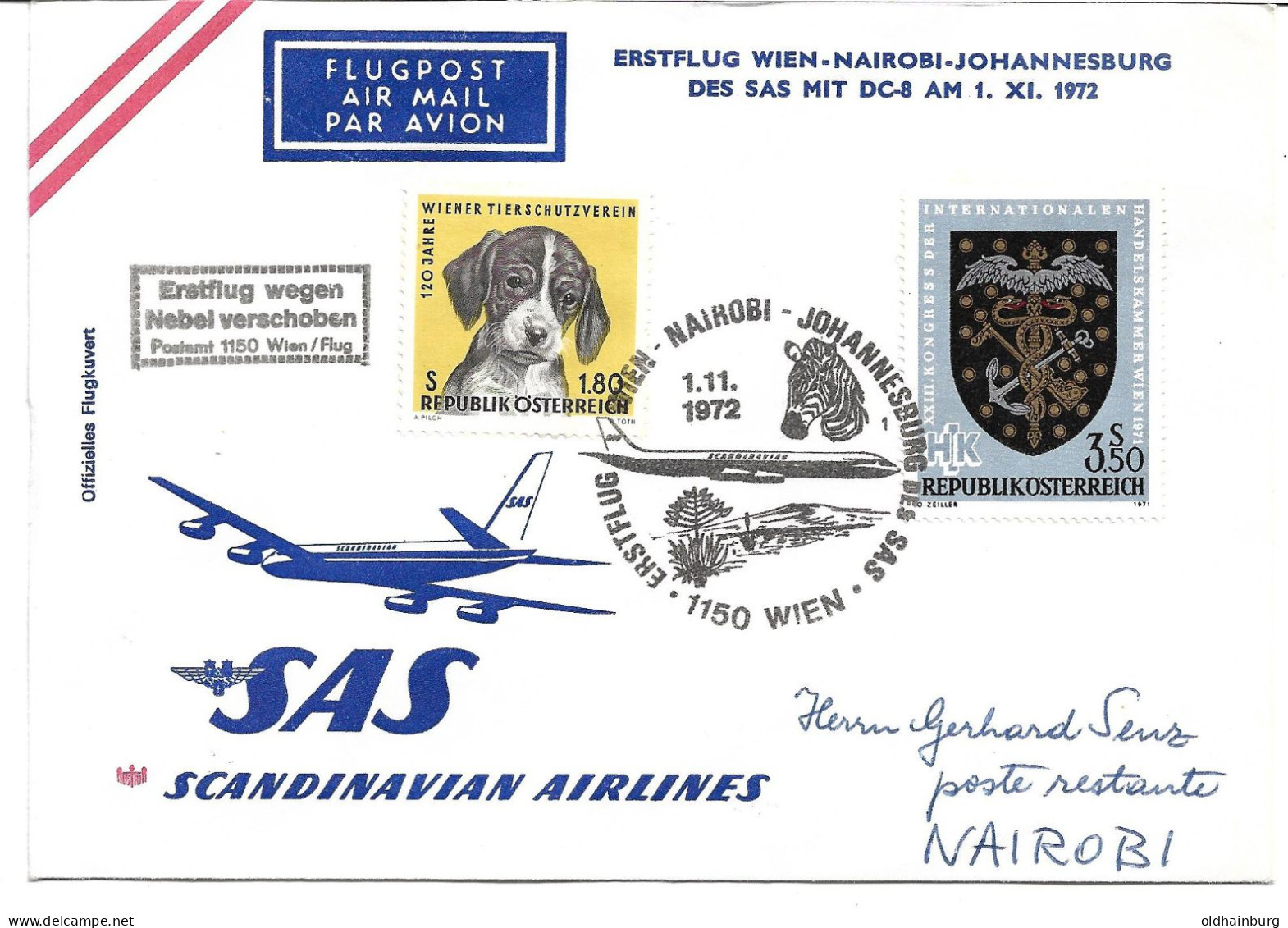 2364e: SAS- Erstflug Wien- Nairobi- Johannesburg Mit DC-8 1972 - Storia Postale