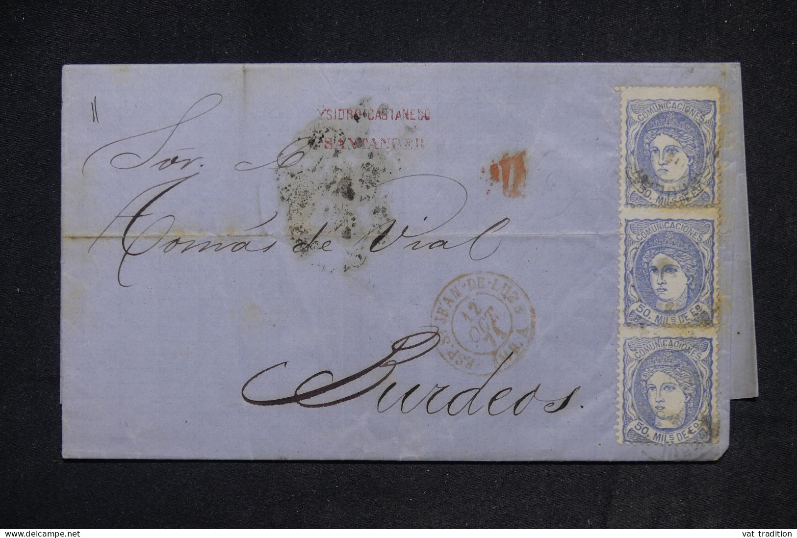 ESPAGNE - Lettre De Santander Pour La France En 1871, Affranchissement En Bande De 3 - L 147979 - Lettres & Documents