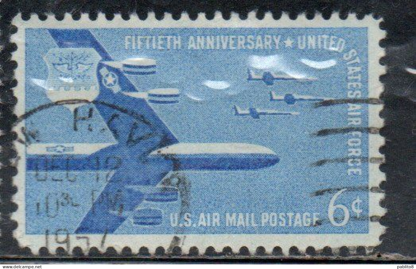 USA STATI UNITI 1957 AIRMAIL AIR MAIL AEREA FORCE 50th ANNIVERSARY STRATOFORTRESS F-104 STARFIGHTERS CENT 6c USED USATO - 2a. 1941-1960 Oblitérés