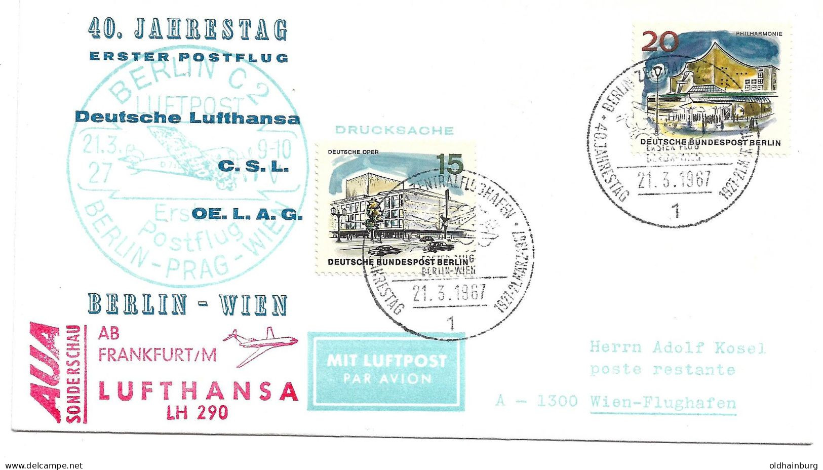 2364p: 40. Jahrestag Postflug Berlin- Prag- Wien Lufthansa/ Aua 1967 - Poste Aérienne