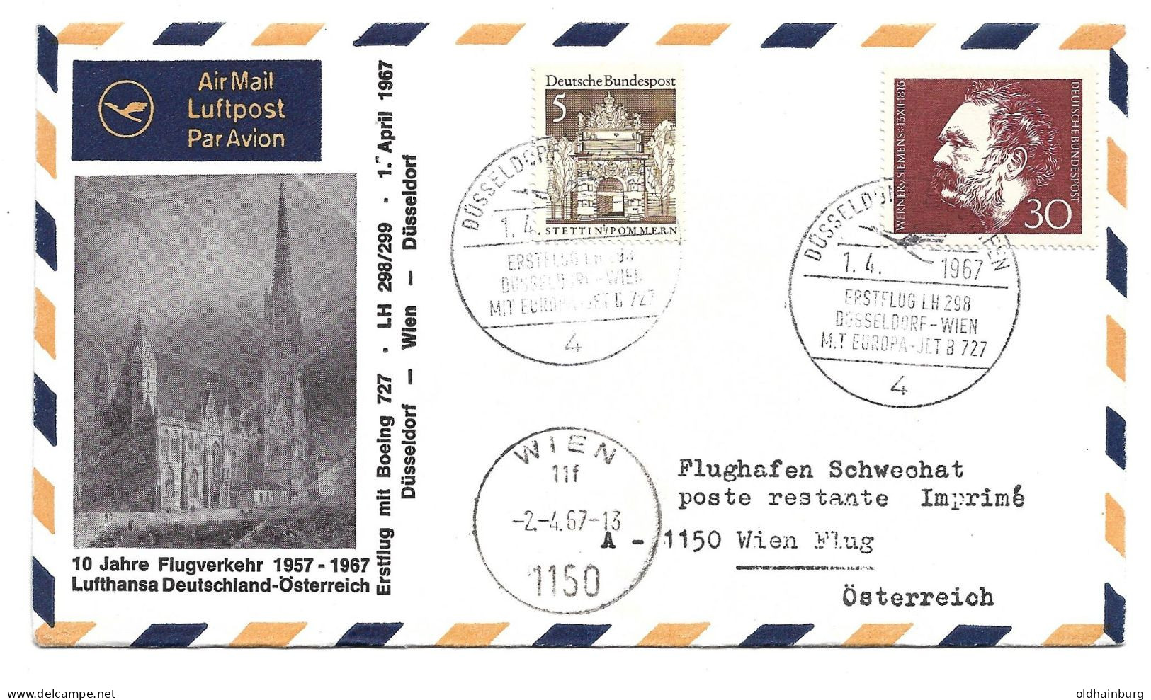 2364q: Erstflug Lufthansa LH298 Düsseldorf- Wien 1967, 10 Jahre Flugverkehr - Storia Postale