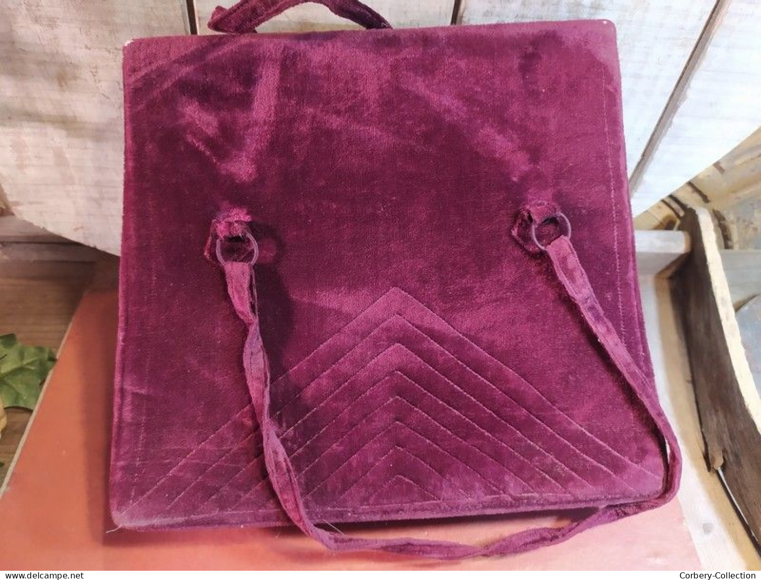 Ancien Sac Velours Bordeaux Vintage Monogramme - Autres & Non Classés