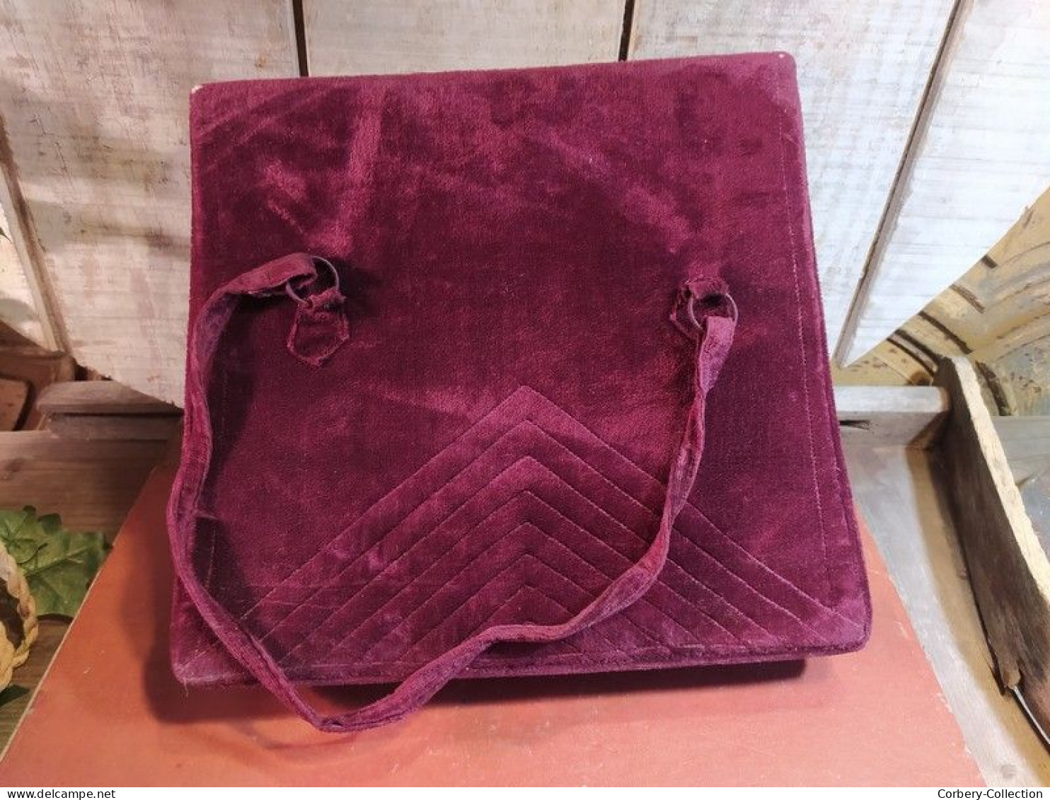 Ancien Sac Velours Bordeaux Vintage Monogramme