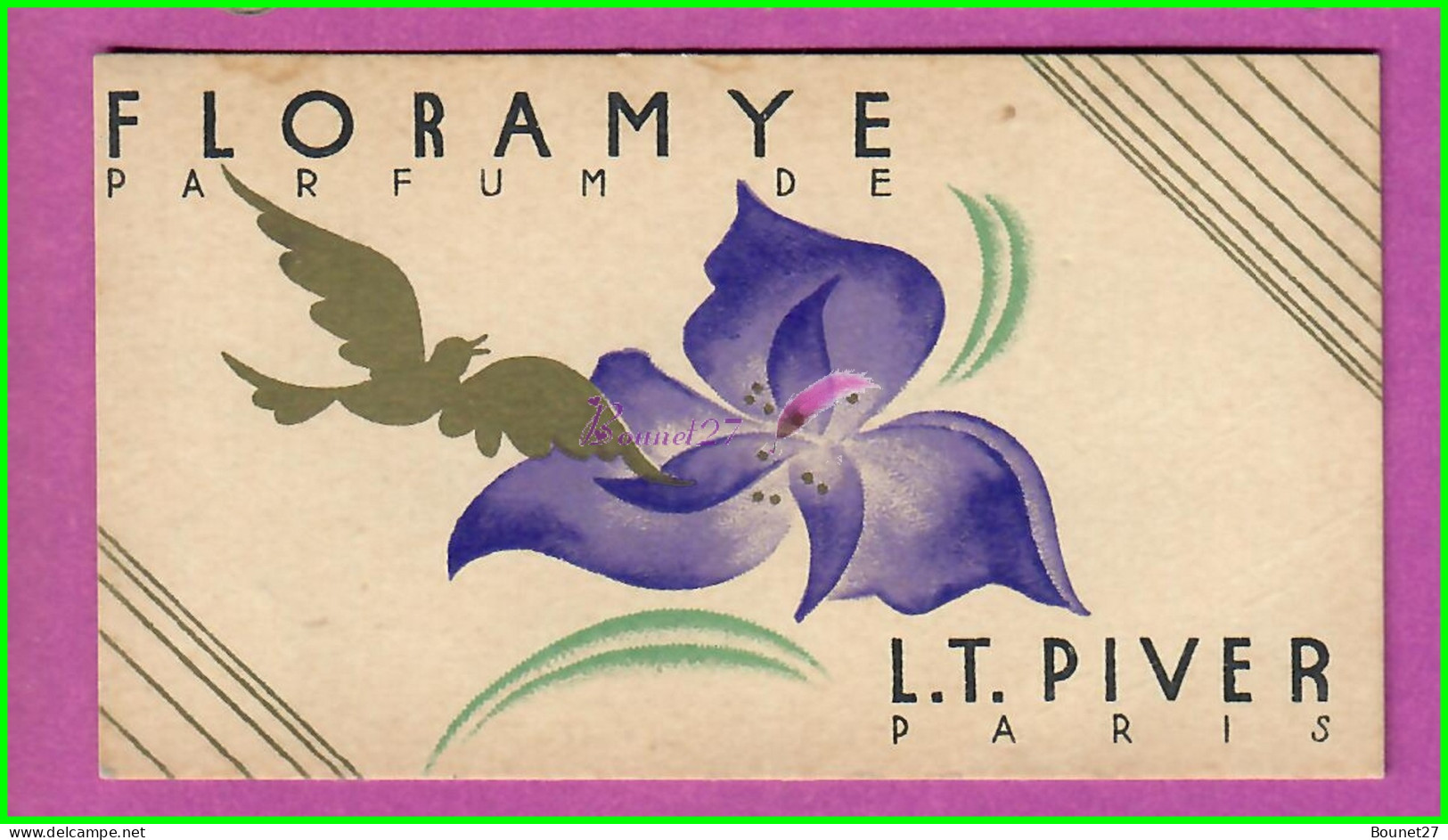 Image Chromo - Calendrier 1932/1933 FLORAMYE Parfumerie Paris L.T PIVER Fleur Lys Mauve Oiseau Doré - Petit Format : 1921-40