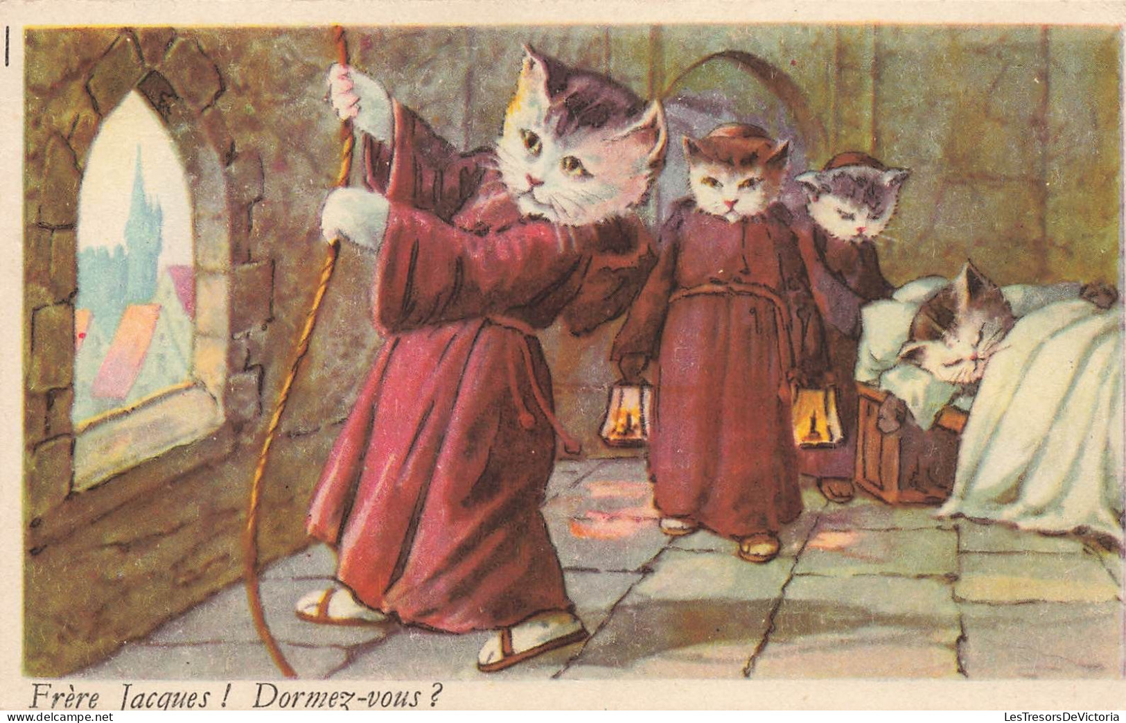 FANTAISIE - Animaux Habillés - Frère Jacques ! Dormez Vous ? - Chats Moines  - Carte Postale Ancienne - Animali Abbigliati