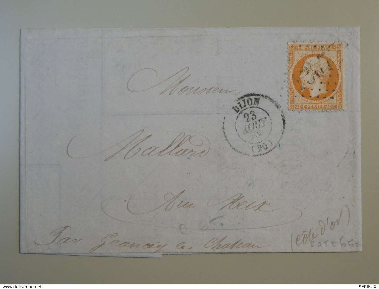 DD20 FRANCE  BELLE LETTRE   1863 DIJON  A GRANDET+ NAPOLEON 40C +AFFRANCH. INTERESSANT+++ - 1862 Napoléon III